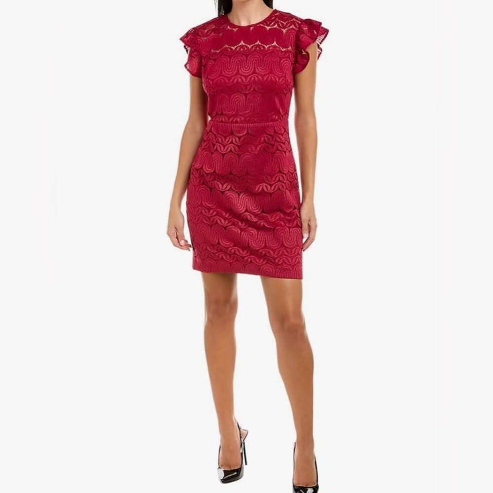 Trina Turk Mai-Tai Ruffle-Sleeve Lace Sheath Dress, Cranberry SZ 8